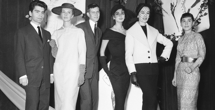 The prizewinners of the 1954 International Wool Secretariat Competition included Karl Lagerfeld (far left), Yves Saint Laurent (centre) and Collette Bracchi (far right)